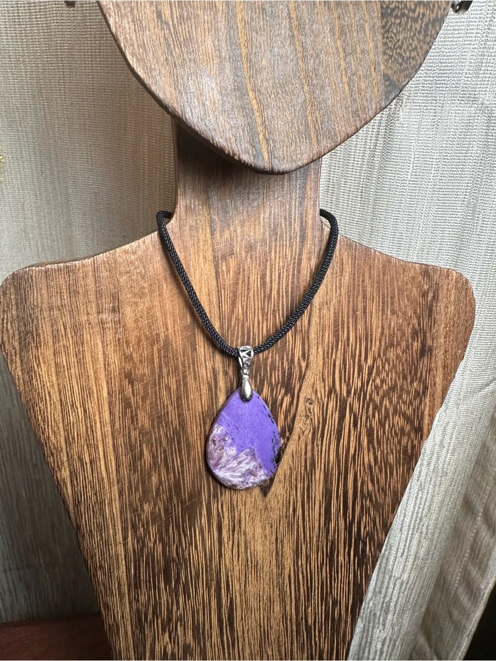 Charoite Teardrop Necklace on Sterling Silver Bail and Black Rope